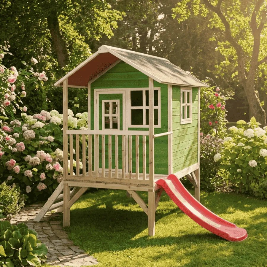 Casa de brincar infantil exterior para crianças Loft 300 em madeira com escorrega - Verde