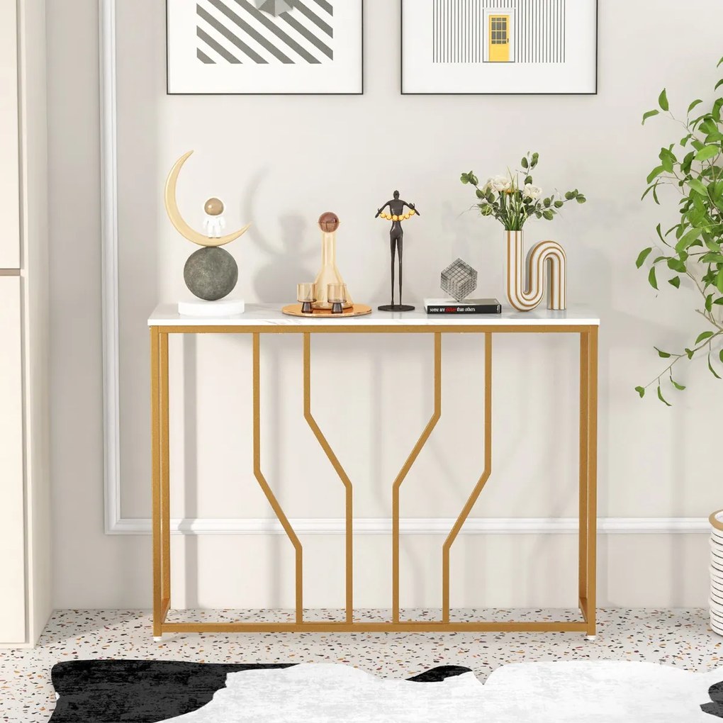 Mesa consola moderna em metal Dourado com tampo em mármore artificial para corredor de sala de estar 110 x 30 x 80 cm Branco e Dourada