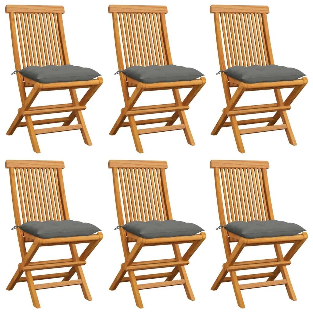 3065606 vidaXL Cadeiras de jardim c/ almofadões cinzentos 6 pcs teca maciça