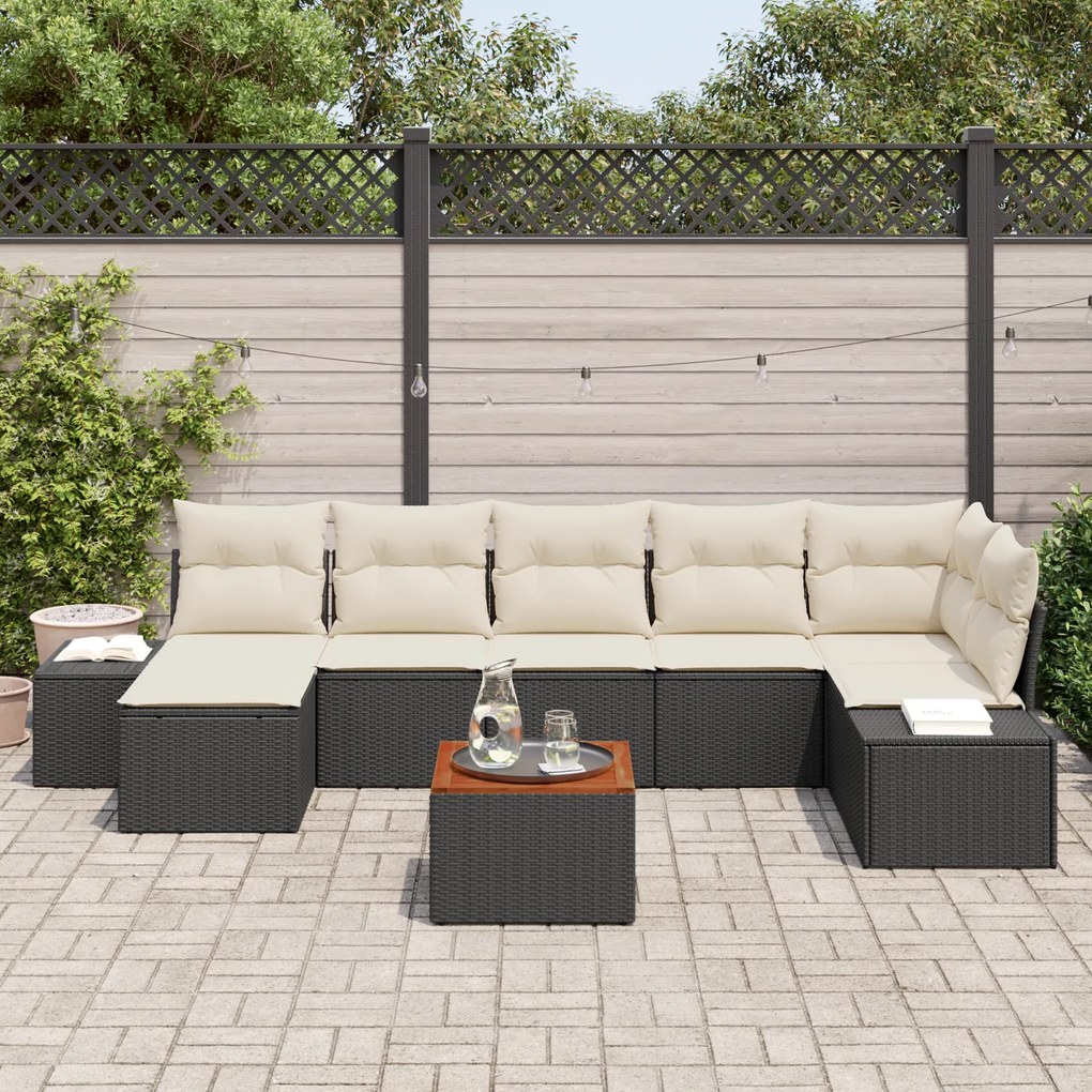 Conjunto de Sofá de Jardim de 8 Peças com Almofadas Preto Rattan Acáci