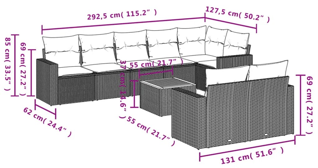 9 pcs conjunto de sofás p/ jardim com almofadões vime PE bege