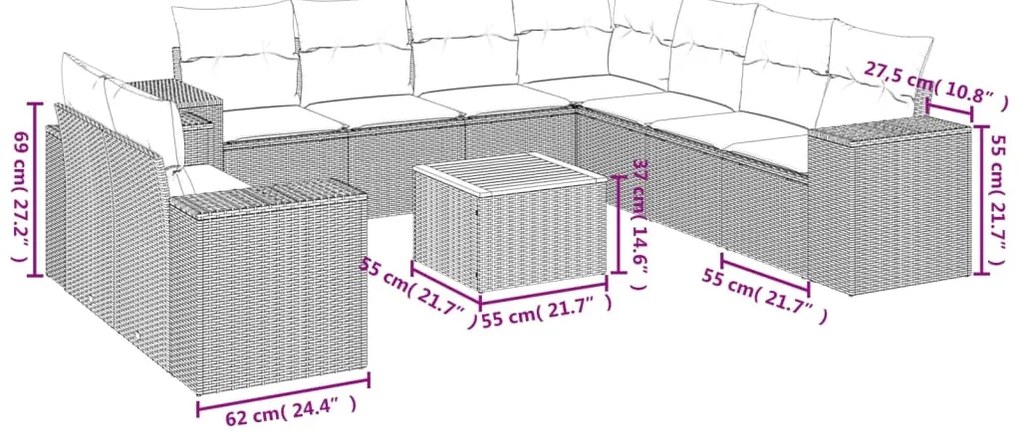 10 pcs conjunto de sofás p/ jardim com almofadões vime PE bege