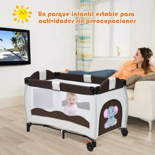 Berço bebés 3 em 1 com muda de roupa Centro de actividades dobrável e portátil Colchão Brinquedos para bebé  125 x 66 x 84 cm Castanho