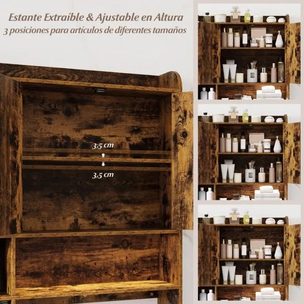 Estante casa de Banho para sanita com armarios de 2 portas, 6 compartimentos, gancho para lenços e prateleira ajustável castanho