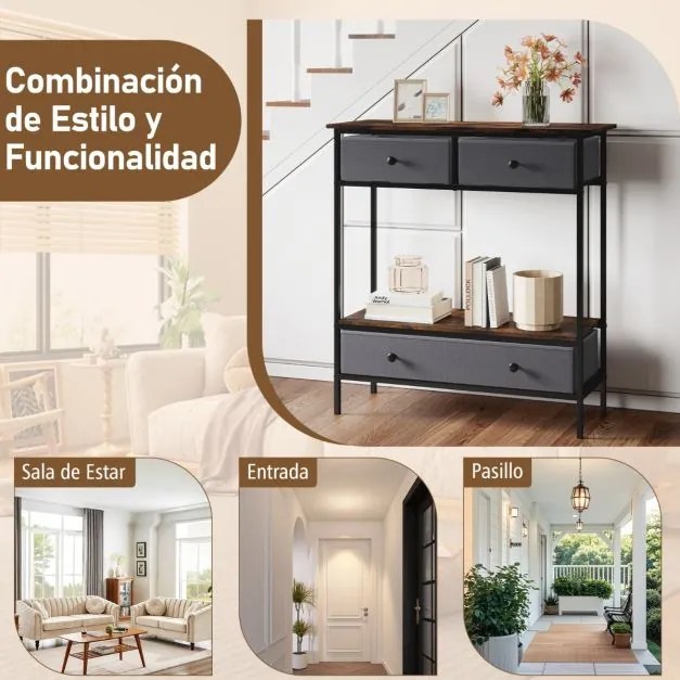 Mesa consola com gavetas tecido 80 x 30 x 85,5 cm com estante aberta estreita com Estrutura metálica Castanho Rústico e Cinza
