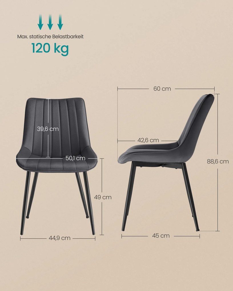 Conjunto de 2 cadeiras de jantar em cinzento com pernas de aço Preto