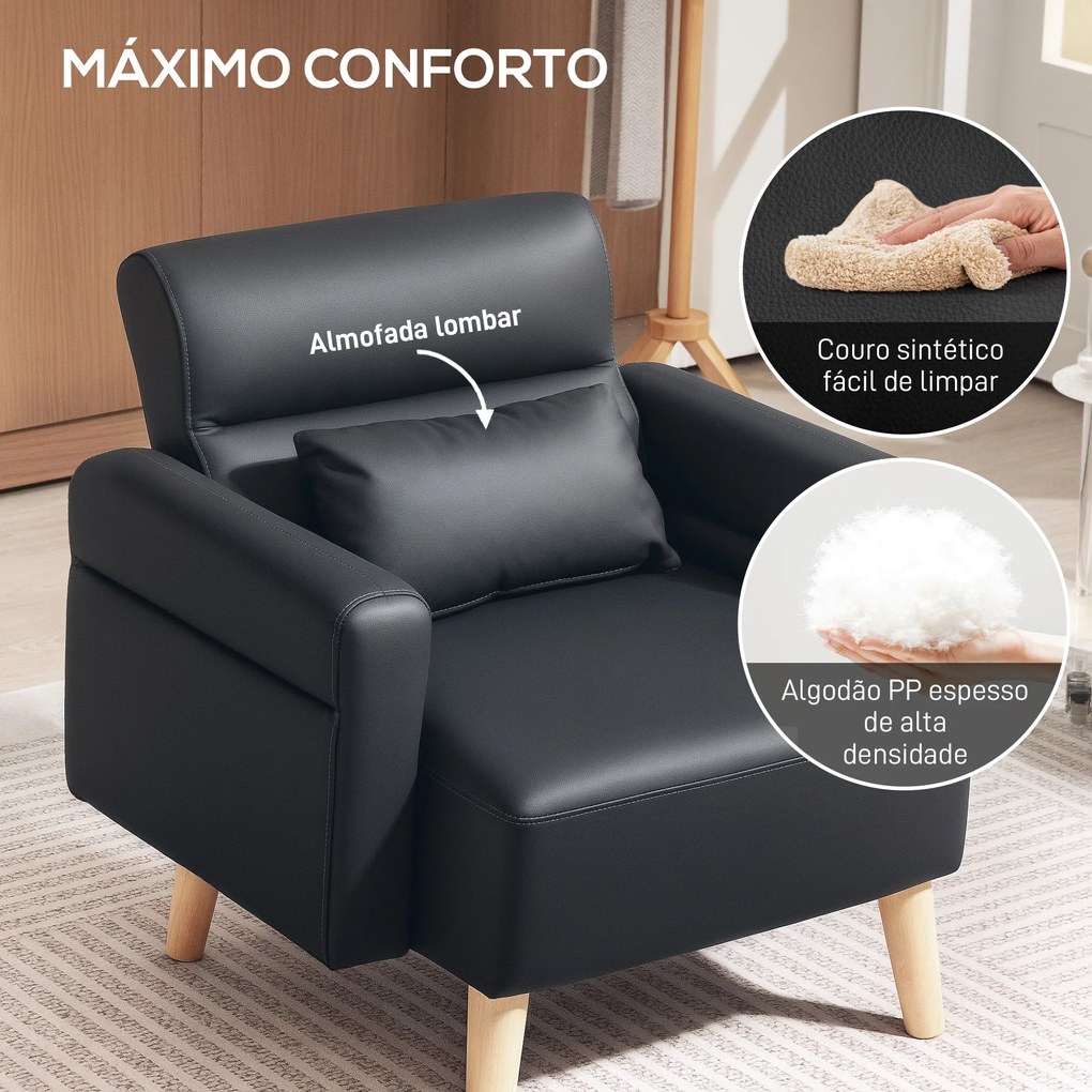 Poltrona Moderna Estofada em Couro Sintético com Apoios de Braço Acolchoados e Pés em Madeira 77x78x78 cm Preto
