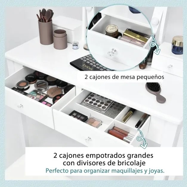 Conjunto de Toucador com Espelho Iluminado Giratório 360°, Mesa de Maquilhagem e Banco Acolchoado para Quarto Branco
