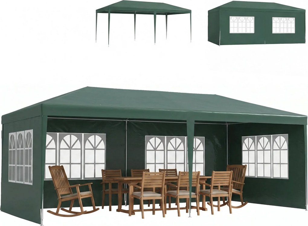 Outsunny Tenda para Festas 6x3 m Tenda de Jardim para Exterior com 4 Paredes Laterais 2 Janelas e Estrutura de Aço Verde | AOSOM Portugal