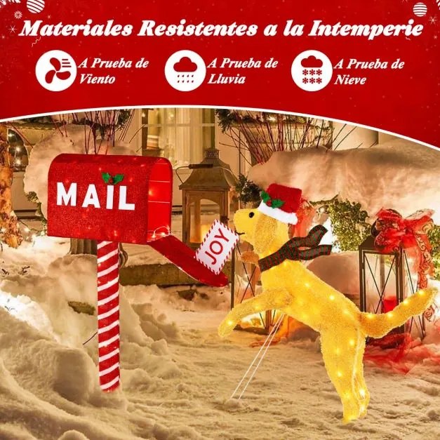 Caixa de correio natal e cão com 120 luzes LED Decoração natal iluminada com abraçadeiras e estacas para jardim 168 x 21 x 108 cm Vermelho