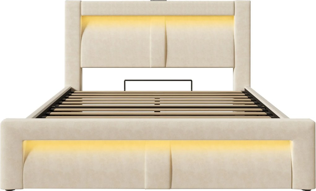 Cama de casal 140x200 cm com arrumação hidráulica, Bege | AOSOM Portugal