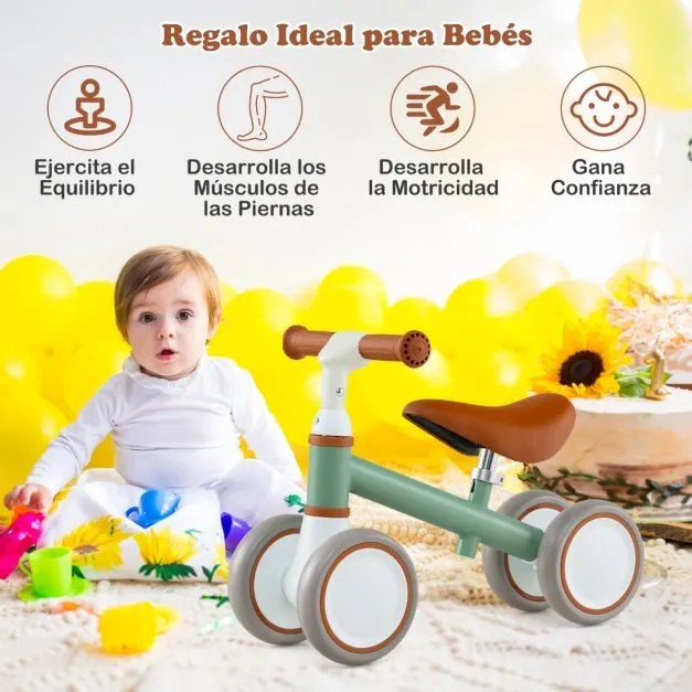 Bicicleta de equilíbrio para bebés de 1 a 3 anos com guiador e assento ajustáveis Brinquedo sem pedais para passear Verde