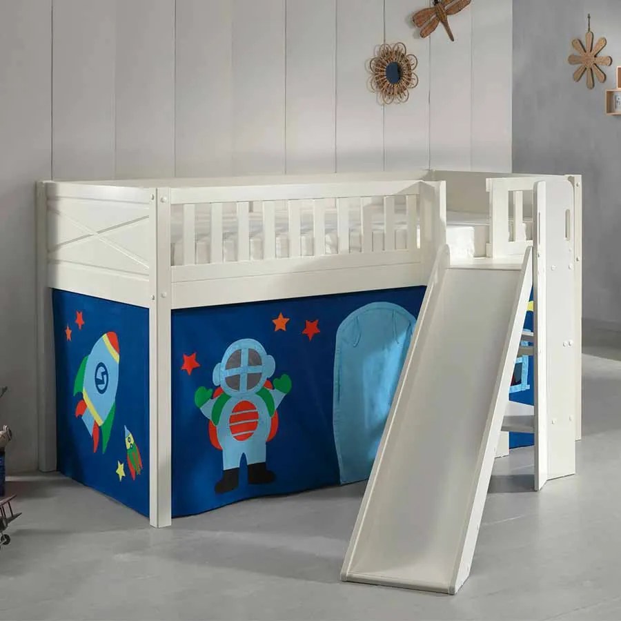 Conjunto cama Infantil SCOTT + escorrega + cortina de brincar ASTRO Branca