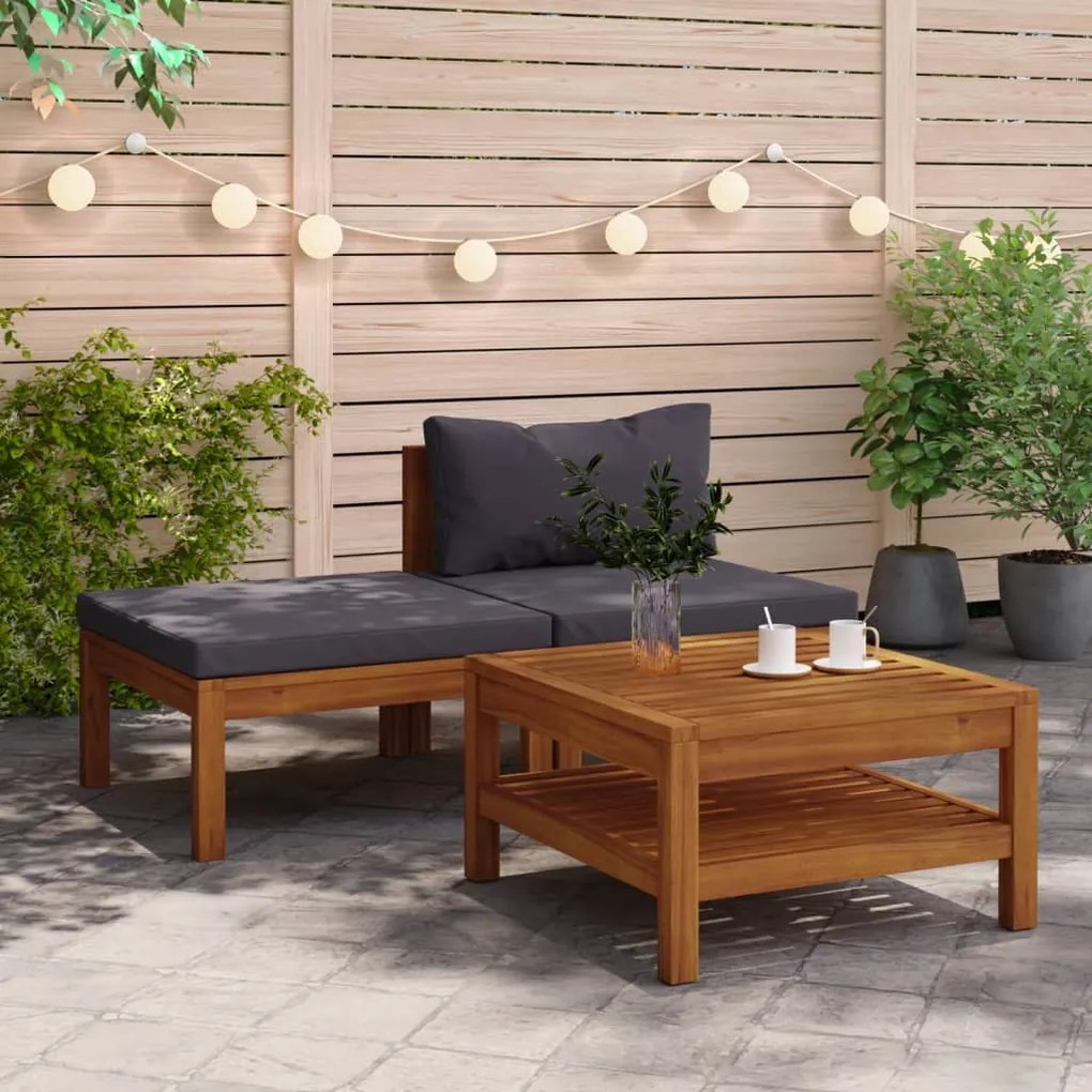 vidaXL 3 pcs conj. lounge de jardim c/ almofadões cinza-escuro acácia