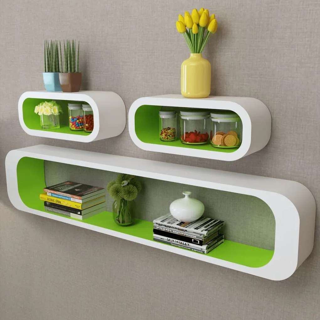 242163 vidaXL Conjunto de 3 prateleiras de parede, cubos, MDF, branco-verde