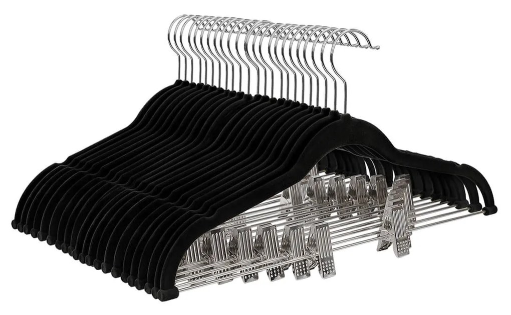 Cabides para calças SONGMICS, conjunto de 12 cabides de veludo com clipes ajustáveis, 42,5 cm de comprimento, antiderrapantes, economizam espaço, para saias, casacos, vestidos, preto CRF12B