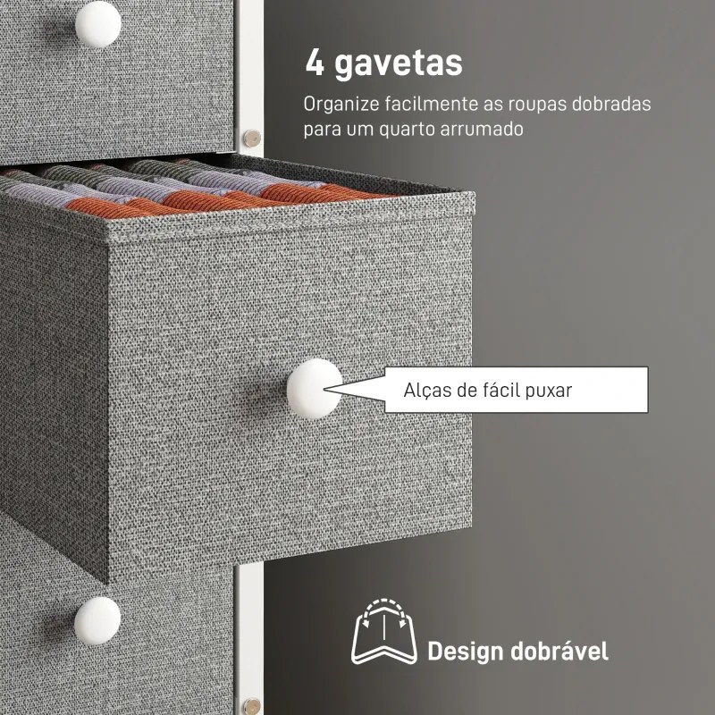 Móvel de Arrumação Estreito com 4 Gavetas de Tecido para Espaços Pequenos 20x43x81,5 cm Cinzento Claro