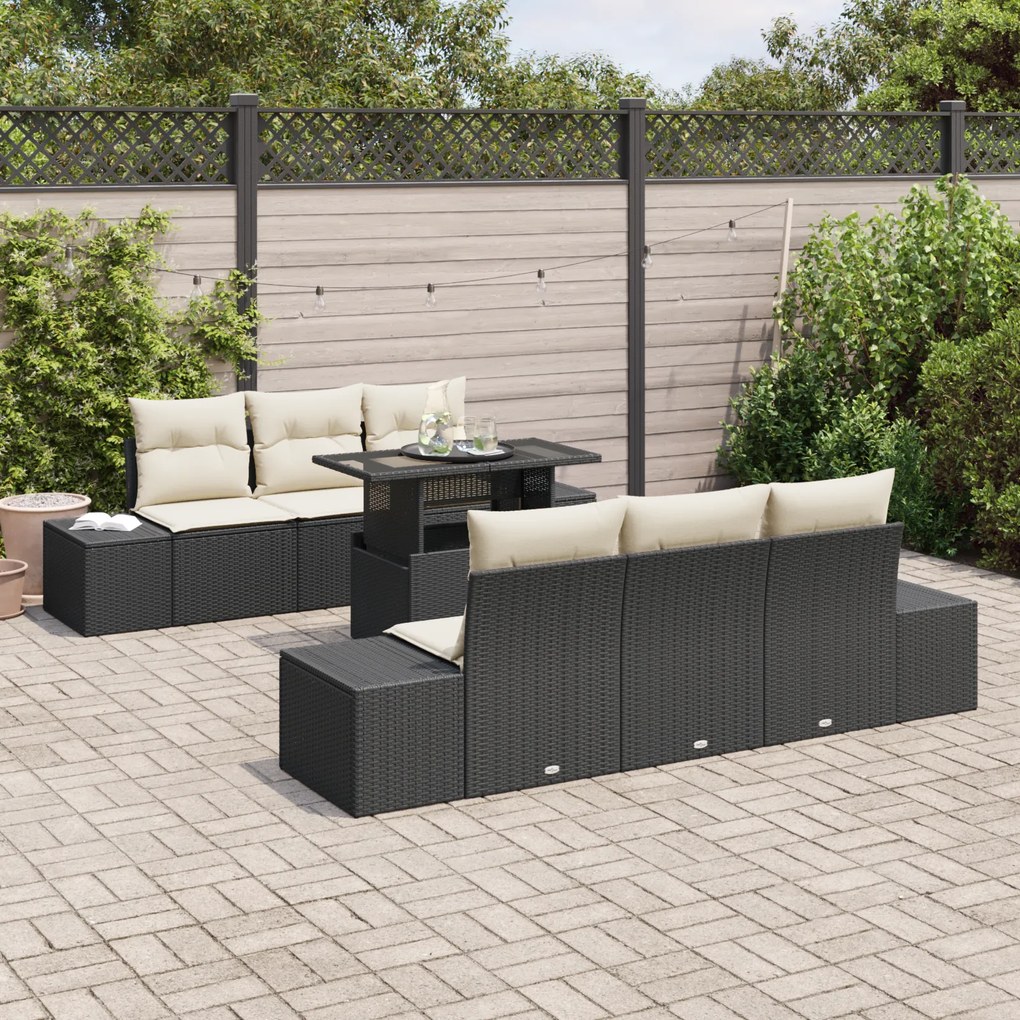 Conjunto de Sofá de Jardim de 7 Peças com Almofadas Preto de Rattan Po