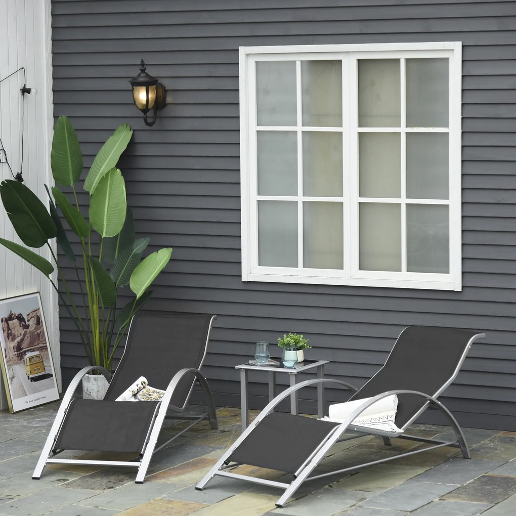 Conjunto de 2 espreguiçadeiras de design contemporâneo com mesa de centro com tampo em vidro temperado, metal com revestimento epóxi e textilene cinze