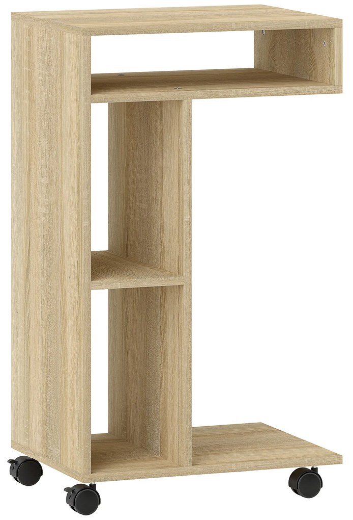 HOMCOM Mesa Auxiliar em Forma de C Mesa Auxiliar para Sofá com Rodas Compartimentos Abertos 40x30x69 cm Madeira | Aosom Portugal