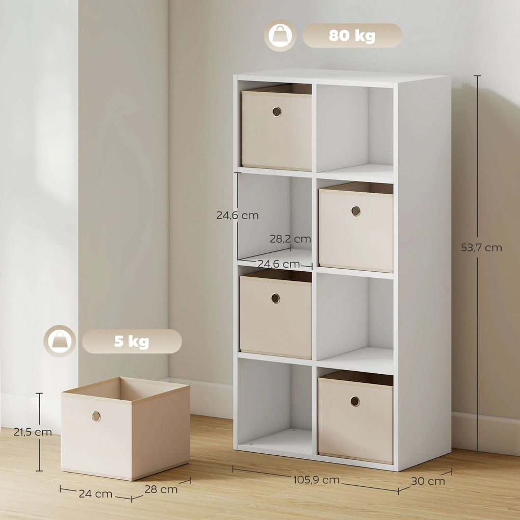 Estante Cubo Estante de Armazenamento Horizontal ou Vertical com 8 Compartimentos e 4 Gavetas de Tecido 53,7x30x79,8 cm Branco e Bege