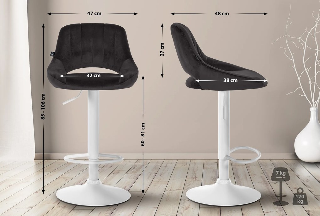 Banco alto Milet em veludo com estrutura branca 85-106 x 47 x 48 cm Preto