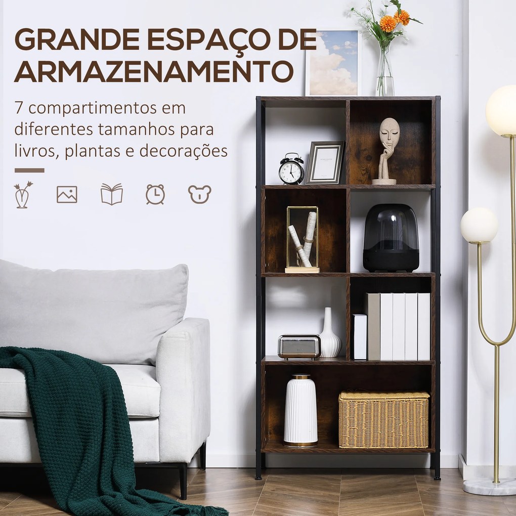 HOMCOM Estante Estilo Industrial de 4 Níveis Estante de Madeira com 7 Compartimentos para Sala de Estar Escritório Estúdio Anti-Tombo 74x30x155cm Marrom Rústico