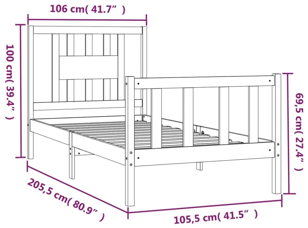 Estrutura de cama com cabeceira 100x200 cm pinho maciço