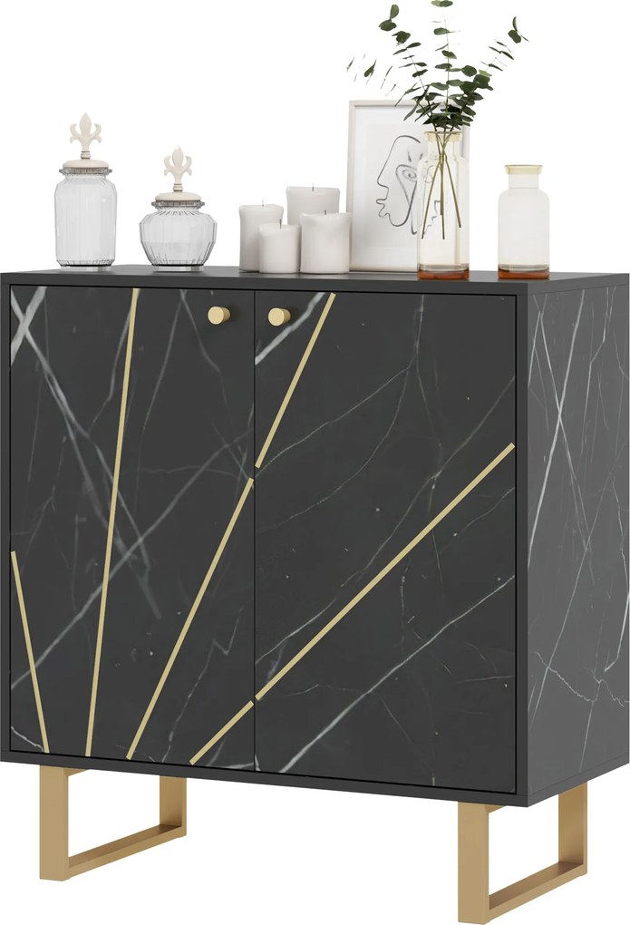 Aparador com 2 portas e prateleira ajustável, pés em metal, 76 x 35 x 77 cm, tom de mármore preto