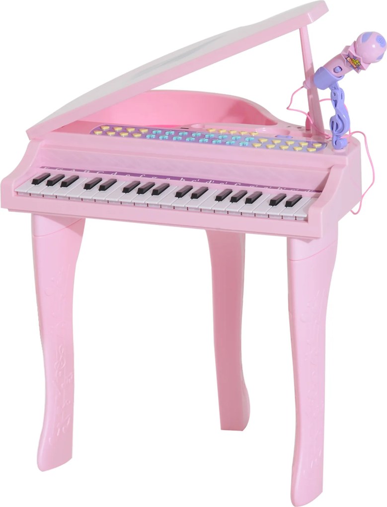 Piano de Cauda Electrónico para Crianças, 48 x 39 x 69 cm, 37 Teclas Multifunções, Cor-de-Rosa