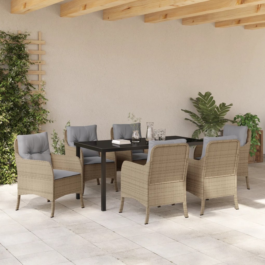 Conjunto de Jantar Jardim 7 Peças com Almofadas Bege Vime Poliéster
