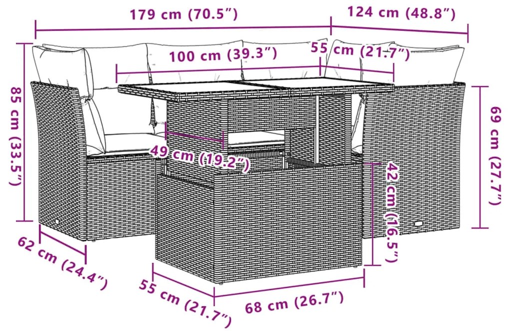 5 pcs conjunto sofás p/ jardim c/ almofadões vime PE castanho