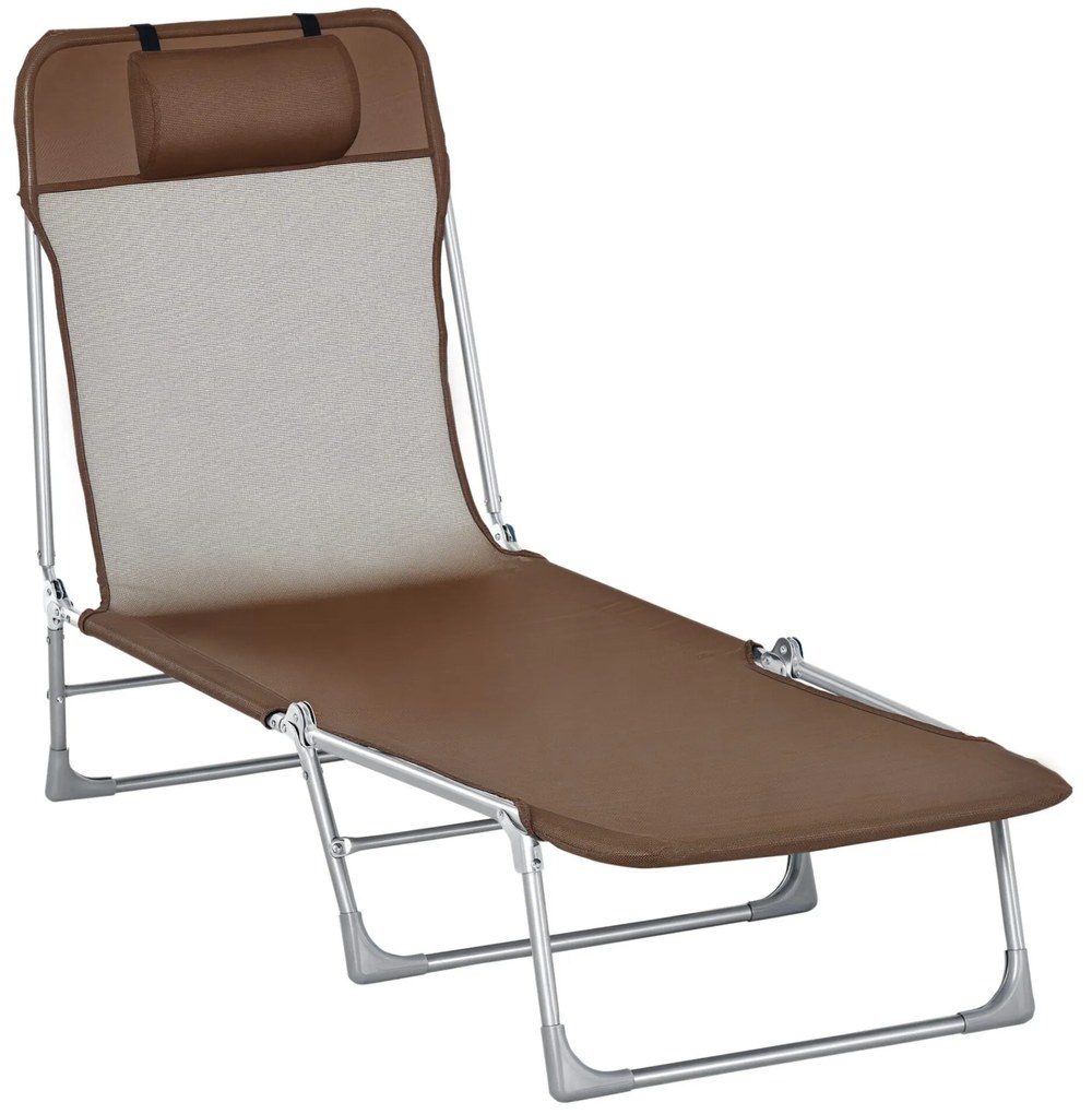 Outsunny Espreguiçadeira dobrável e reclinável de jardim com apoio de cabeça e encosto ajustável em 5 níveis Tecido textilene respirável 182x56x24,5 cm marrom