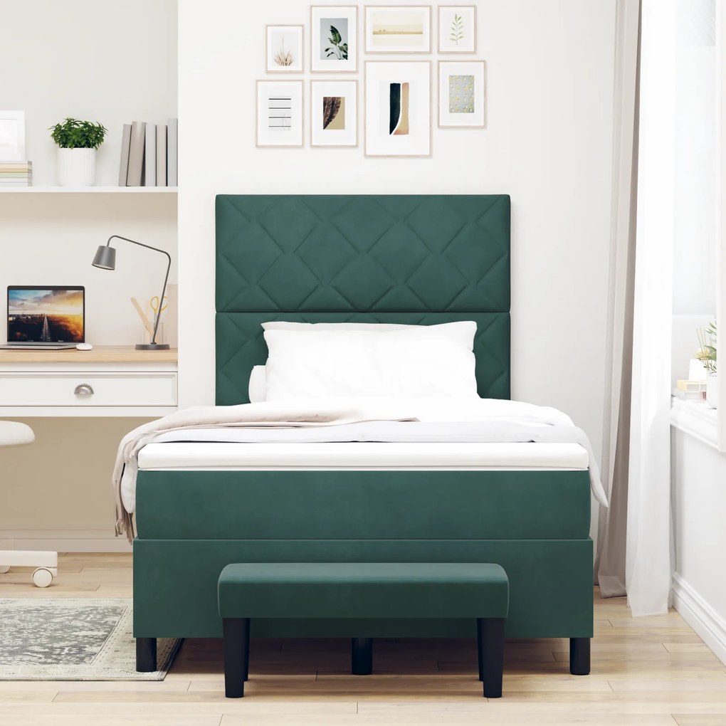 Cama Box Spring com Colchão &amp; Banco Verde Escuro 120x200 cm Veludo