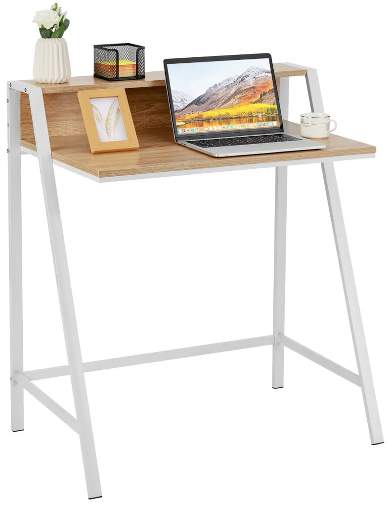 Secretária para computador com 2 níveis para PC Portátil para pequenos espaços 80 x 50,5 x 90,5 cm Natural