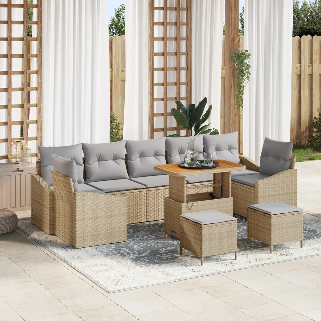 Conjunto de Sofá de Jardim vidaXL de 10 Peças com Almofadas Bege Vime PE Acácia