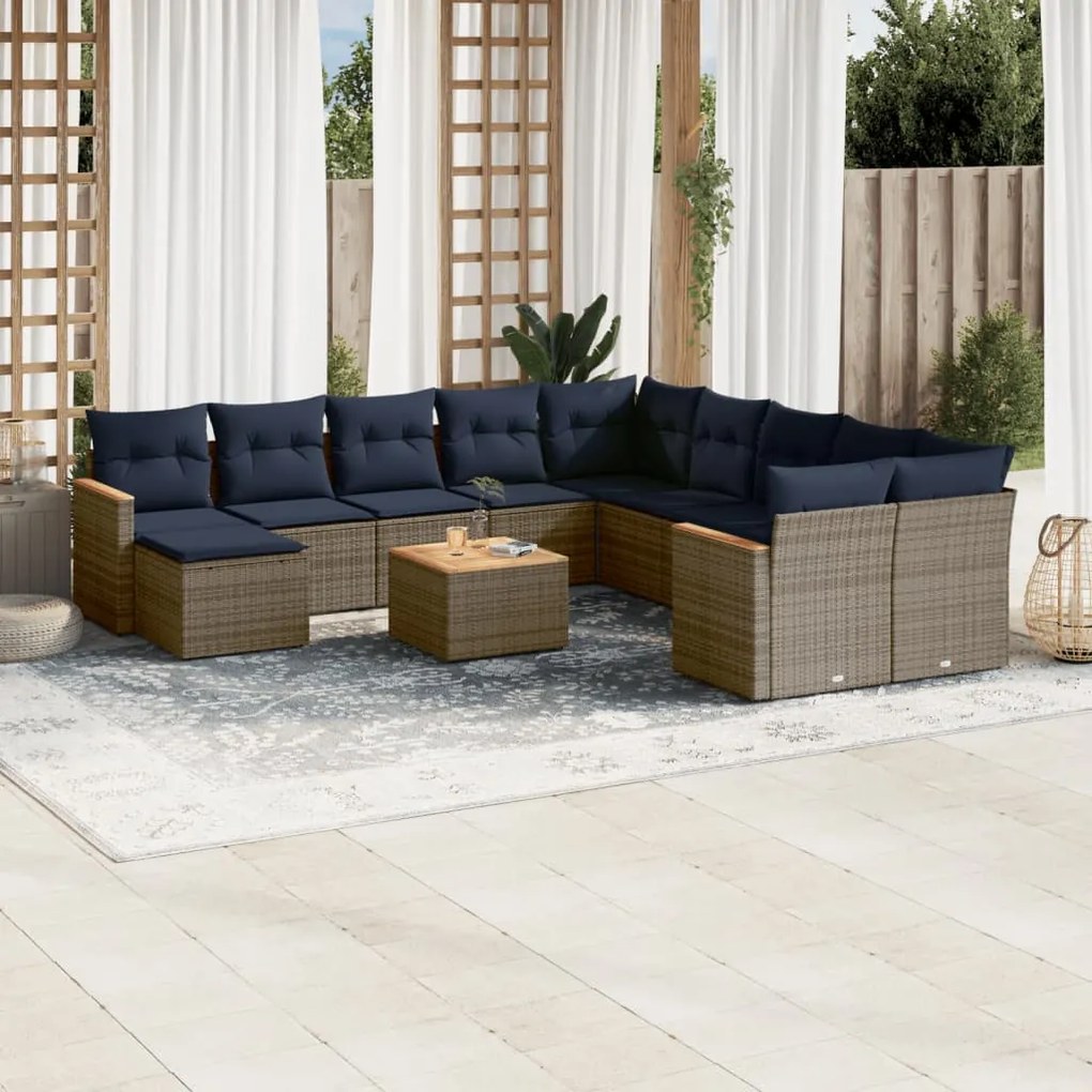 vidaXL 12 pcs conjunto sofás p/ jardim c/ almofadões vime PE cinzento
