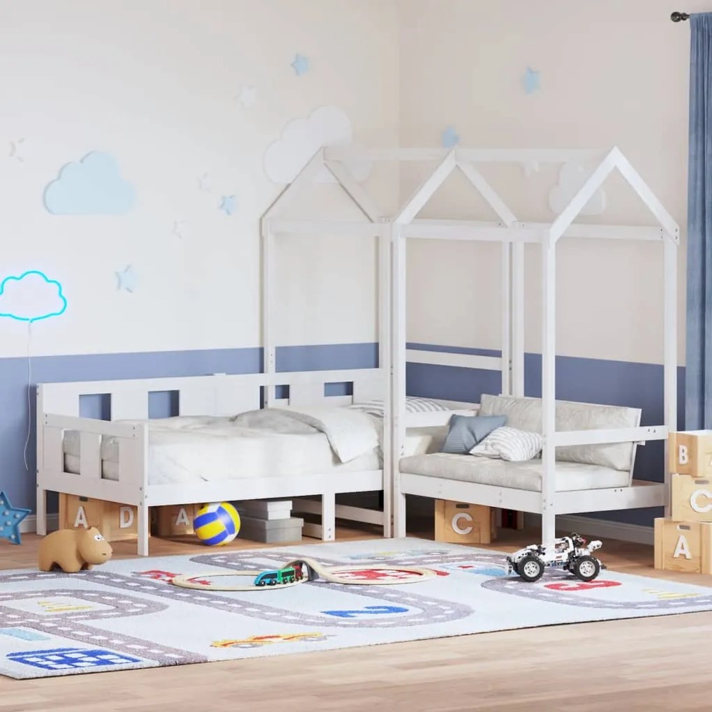 vidaXL Conj. sofá-cama e banco c/ telhado 90x200cm pinho maciço branco