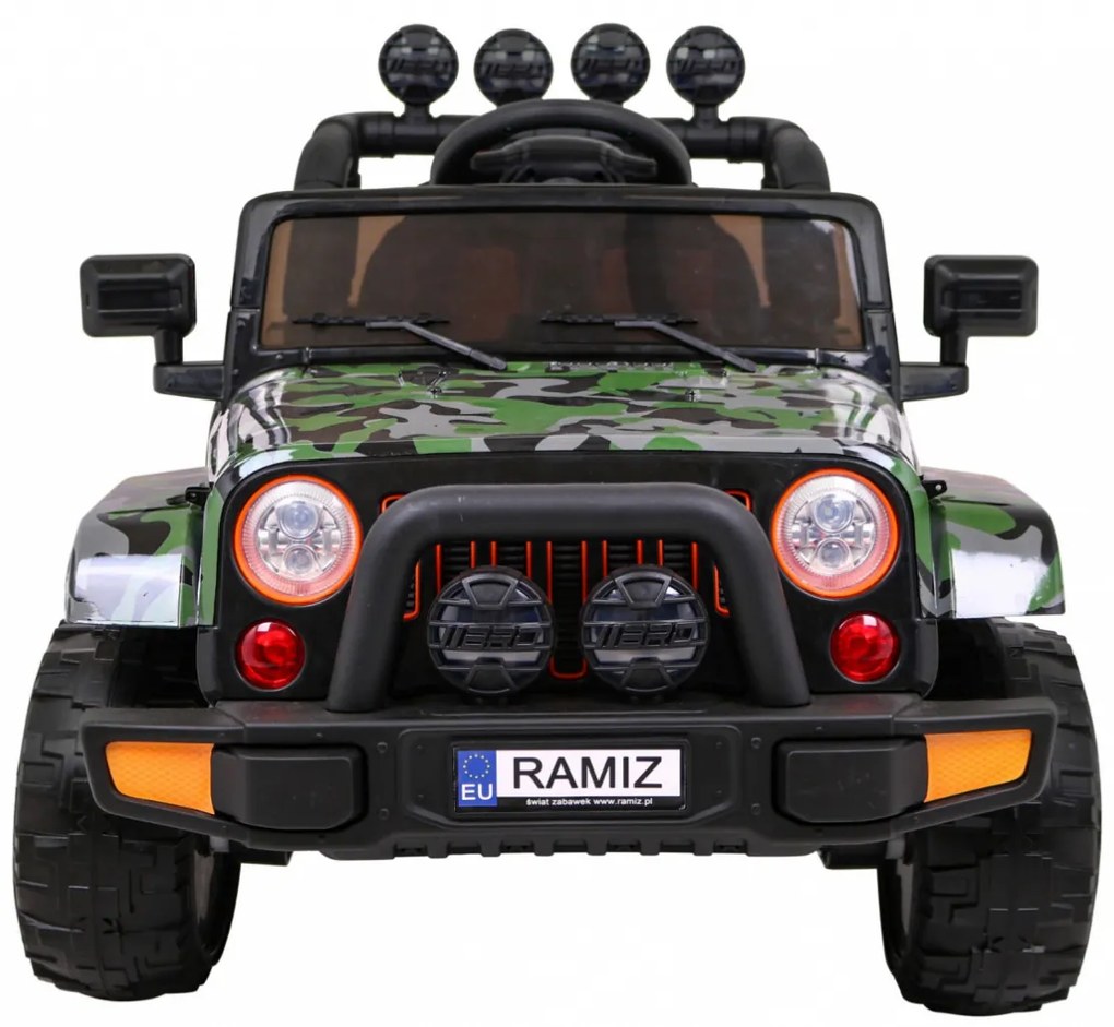 Jiep elétrico para Crianças 12V 4x4 Full Time 4WD Moro Off-Road Rodas EVA, assento couro ecológico Militar