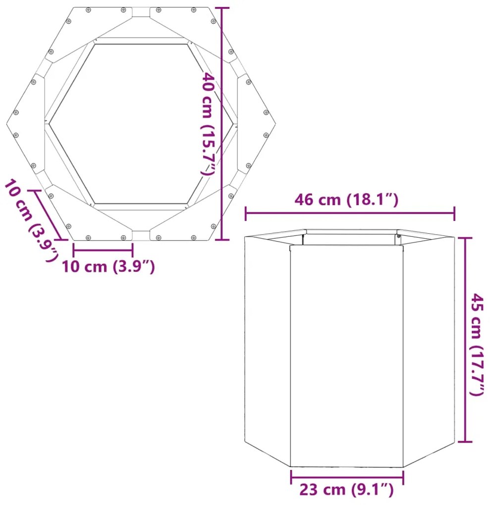Vaso floreira de jardim hexagonal 46x40x45cm resistência ao aço