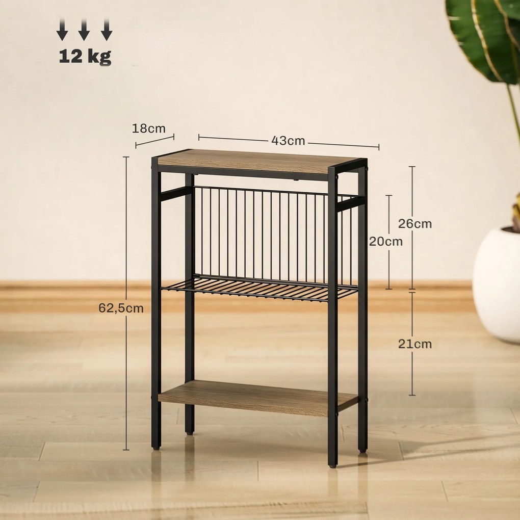 Mesa Auxiliar Estreita de 3 Níveis com Prateleiras Abertas e Estrutura de Aço para Sala e Quarto 43x18x62,5cm Carvalho