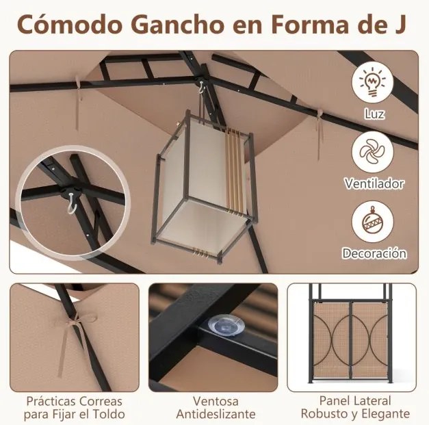 Conjunto de Pérgula para Churrasqueira ou bar 194 x 121 x 242 cm com 2 Bancos Estante Metálica de 2 Níveis com Teto Duplo Castanho
