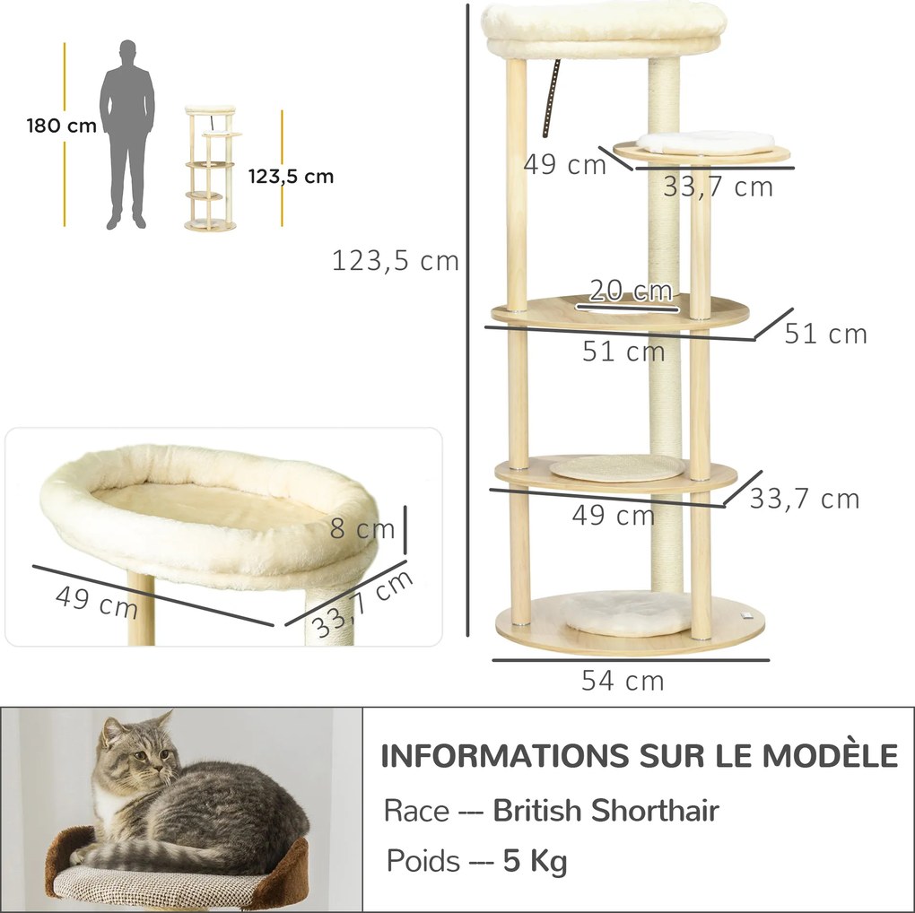 Arranhador para gatos com arranhador, postes de sisal, almofada removível, plataforma de pelúcia e madeira, altura 123,5 cm, bege