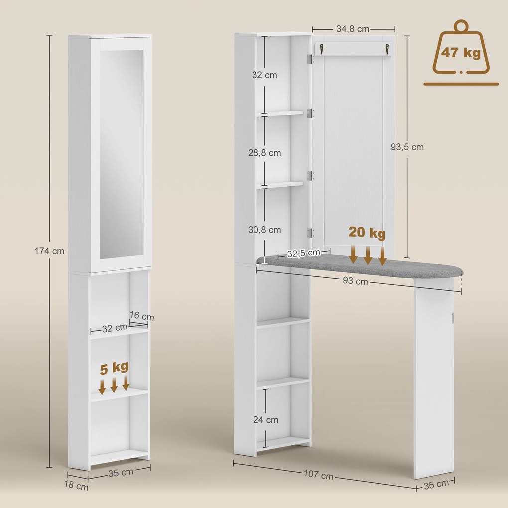 Móvel de Engomar com Espelho Tábua de Engomar Dobrável 6 Compartimentos 2 Ganchos 107x35x174 cm Branco