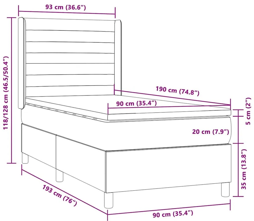 Cama box spring + colchão/LED 90x190cm tecido cinza-acastanhado