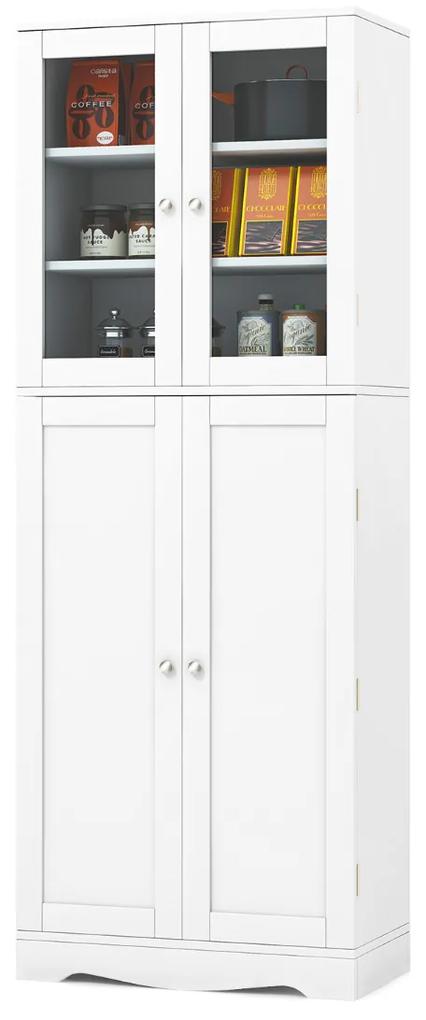 Armário de despensa de cozinha com duas portas de vidro temperado Prateleiras anti-queda 60 x 31,5 x 161,5 cm Branco