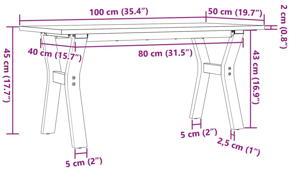Mesa de centro estrutura em Y 100x50x45cm pinho e aço