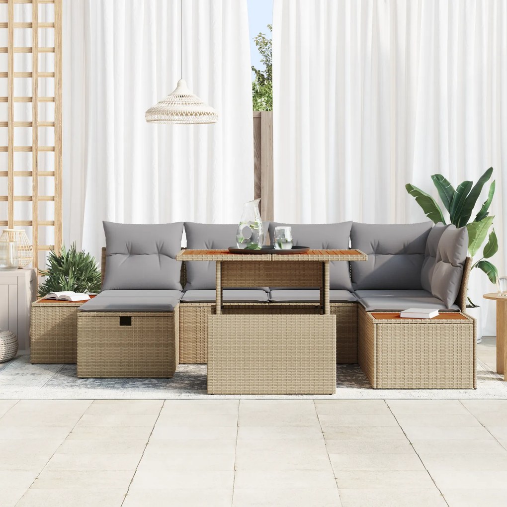 Conjunto de Sofá de Jardim 7 Peças com Almofadas Bege Ratan Acácia