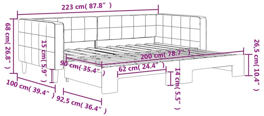 Sofá-cama com gavetão 90x200 cm veludo rosa