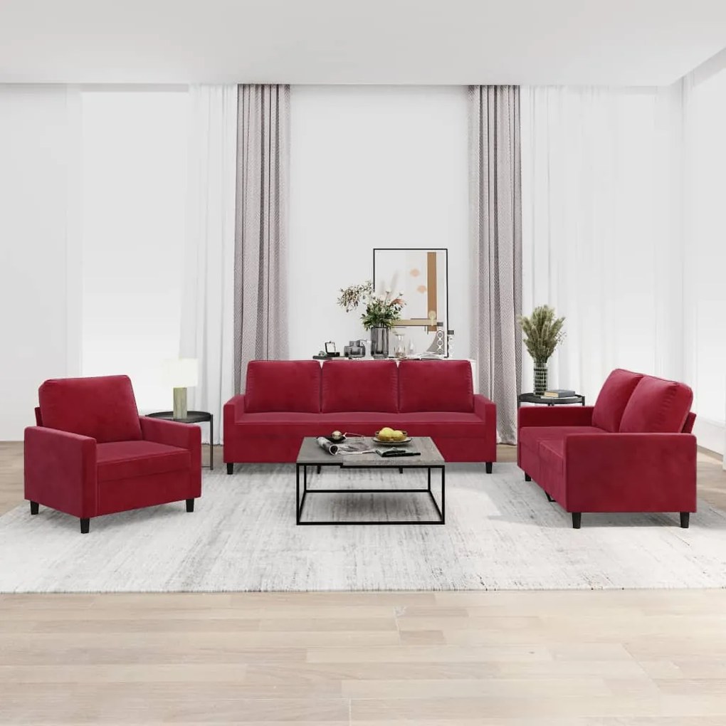 vidaXL 3 pcs conjunto de sofás com almofadões veludo vermelho tinto